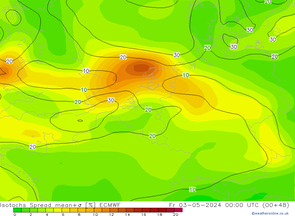 Eşrüzgar Hızları Spread ECMWF Cu 03.05.2024 00 UTC