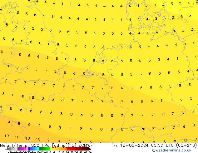 Geop./Temp. 850 hPa ECMWF vie 10.05.2024 00 UTC