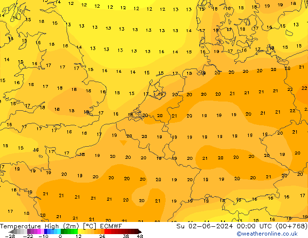 Max.temperatuur (2m) ECMWF zo 02.06.2024 00 UTC