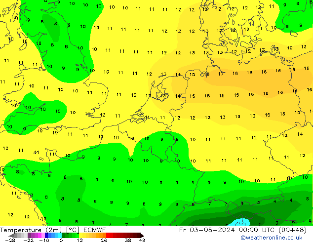 Temperatuurkaart (2m) ECMWF vr 03.05.2024 00 UTC