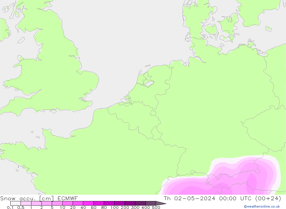 Snow accu. ECMWF Th 02.05.2024 00 UTC