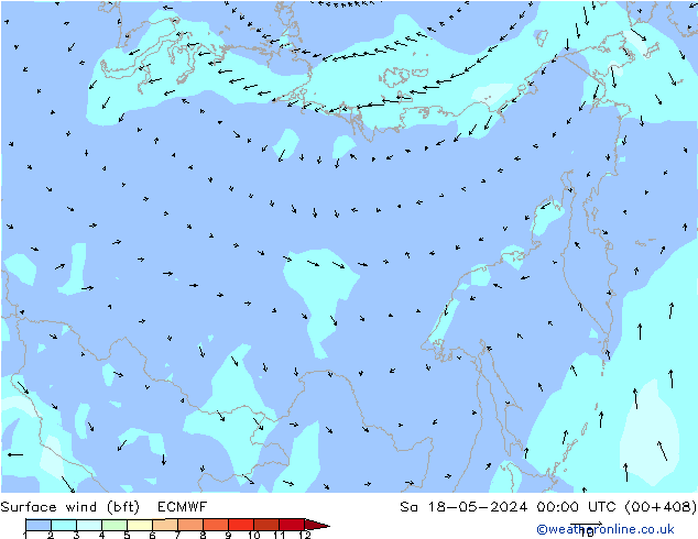 Rüzgar 10 m (bft) ECMWF Cts 18.05.2024 00 UTC