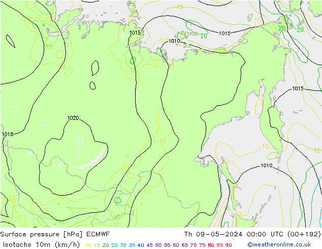 Isotachs (kph) ECMWF  09.05.2024 00 UTC