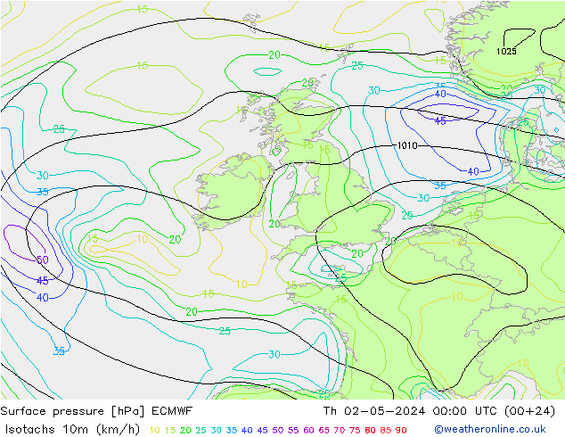 Isotachs (kph) ECMWF Th 02.05.2024 00 UTC
