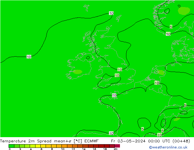 Temperatuurkaart Spread ECMWF vr 03.05.2024 00 UTC