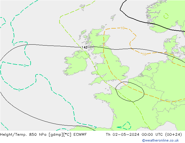 Height/Temp. 850 hPa ECMWF Qui 02.05.2024 00 UTC