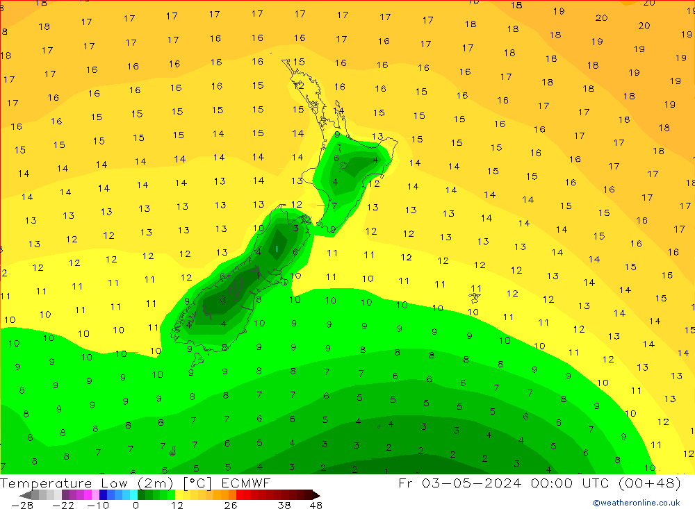 Minumum Değer (2m) ECMWF Cu 03.05.2024 00 UTC