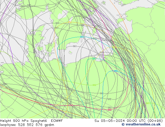 Height 500 hPa Spaghetti ECMWF Su 05.05.2024 00 UTC