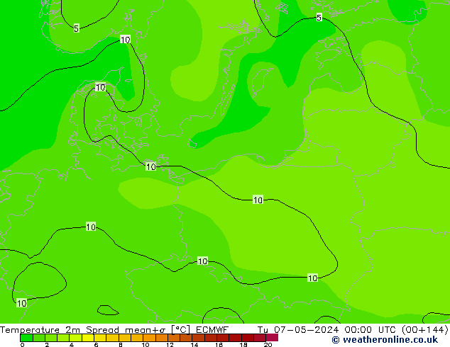 température 2m Spread ECMWF mar 07.05.2024 00 UTC