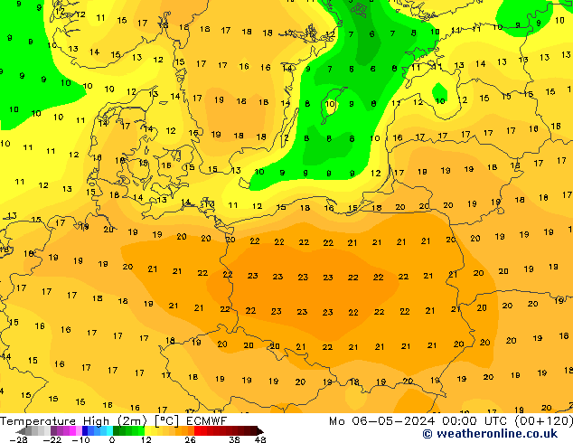 Temperature High (2m) ECMWF Mo 06.05.2024 00 UTC