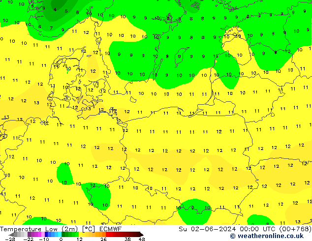 Min.temperatuur (2m) ECMWF zo 02.06.2024 00 UTC