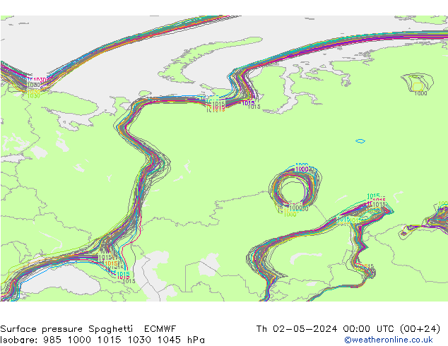 Atmosférický tlak Spaghetti ECMWF Čt 02.05.2024 00 UTC