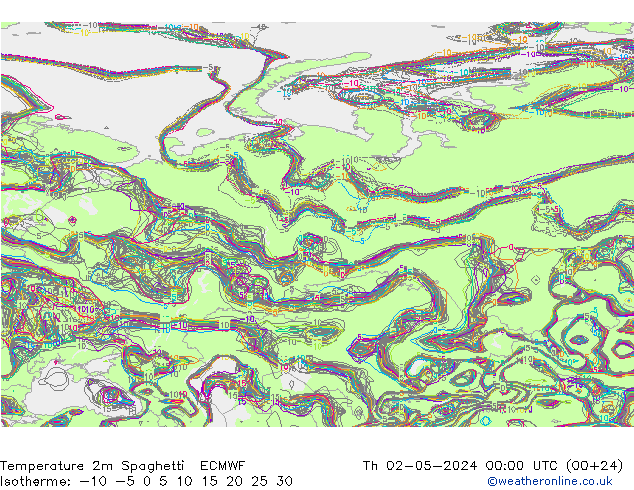 Temperatura 2m Spaghetti ECMWF gio 02.05.2024 00 UTC