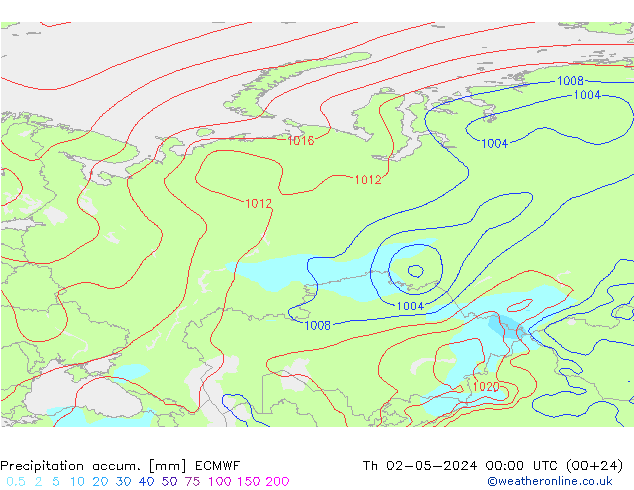 Precipitation accum. ECMWF Čt 02.05.2024 00 UTC