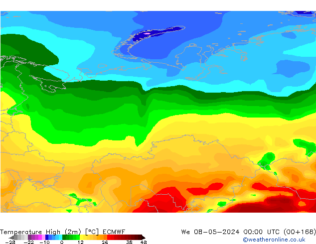 Nejvyšší teplota (2m) ECMWF St 08.05.2024 00 UTC