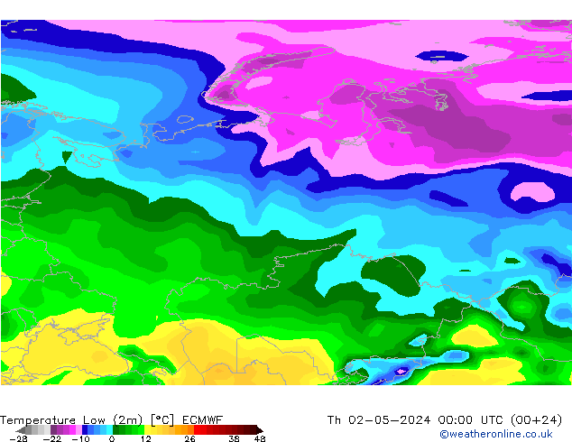 Nejnižší teplota (2m) ECMWF Čt 02.05.2024 00 UTC