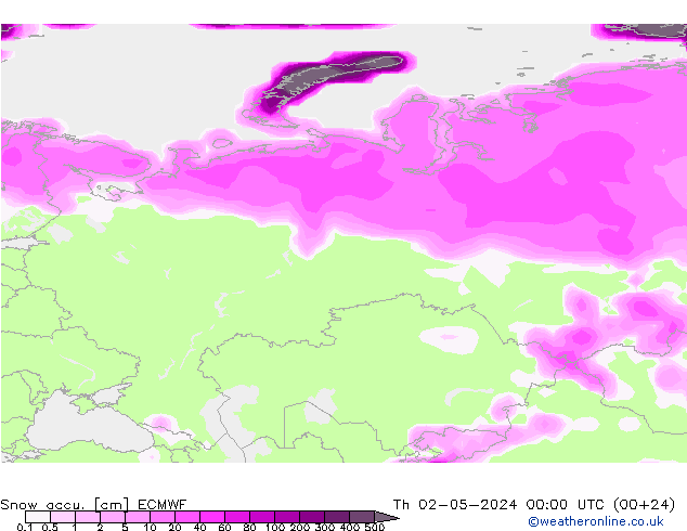 Snow accu. ECMWF Th 02.05.2024 00 UTC