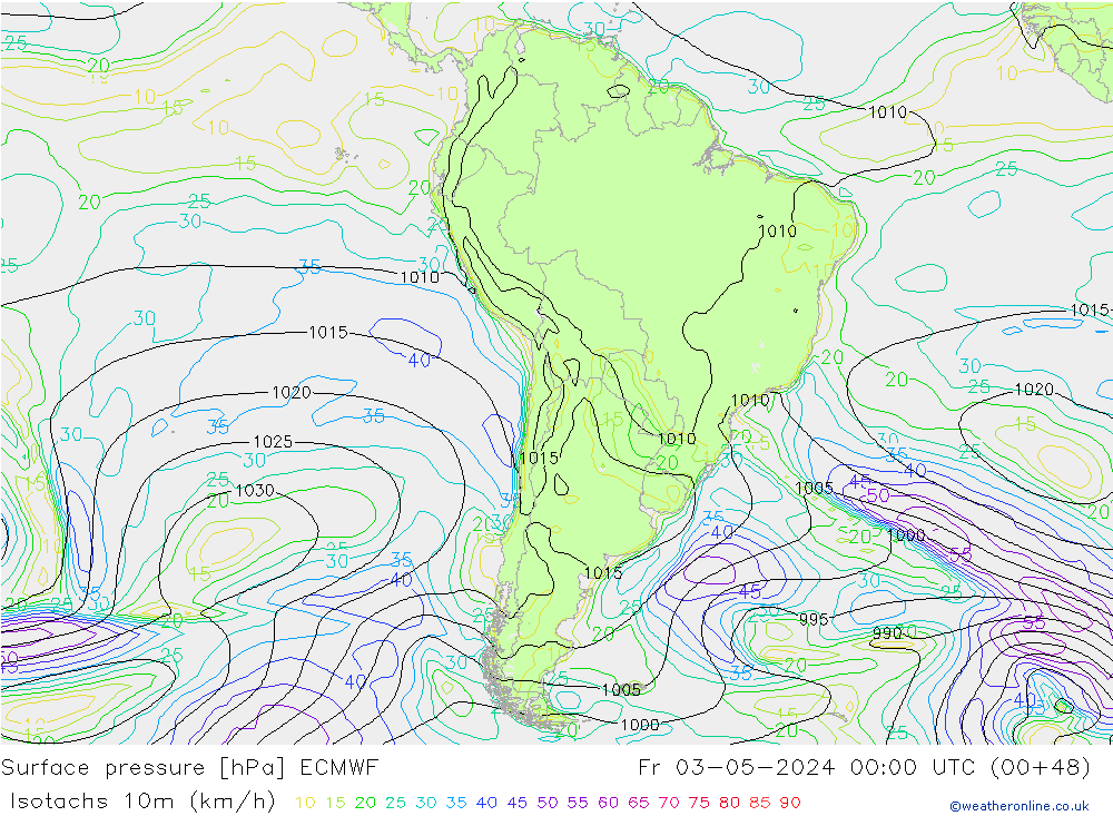 Izotacha (km/godz) ECMWF pt. 03.05.2024 00 UTC