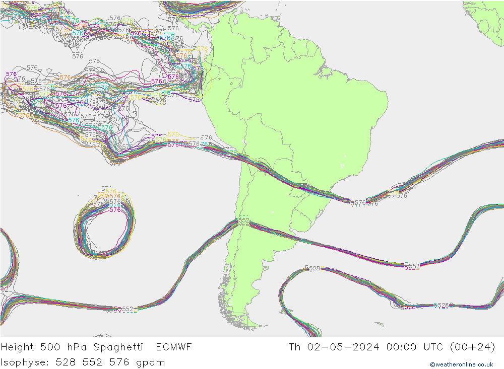 Height 500 hPa Spaghetti ECMWF gio 02.05.2024 00 UTC