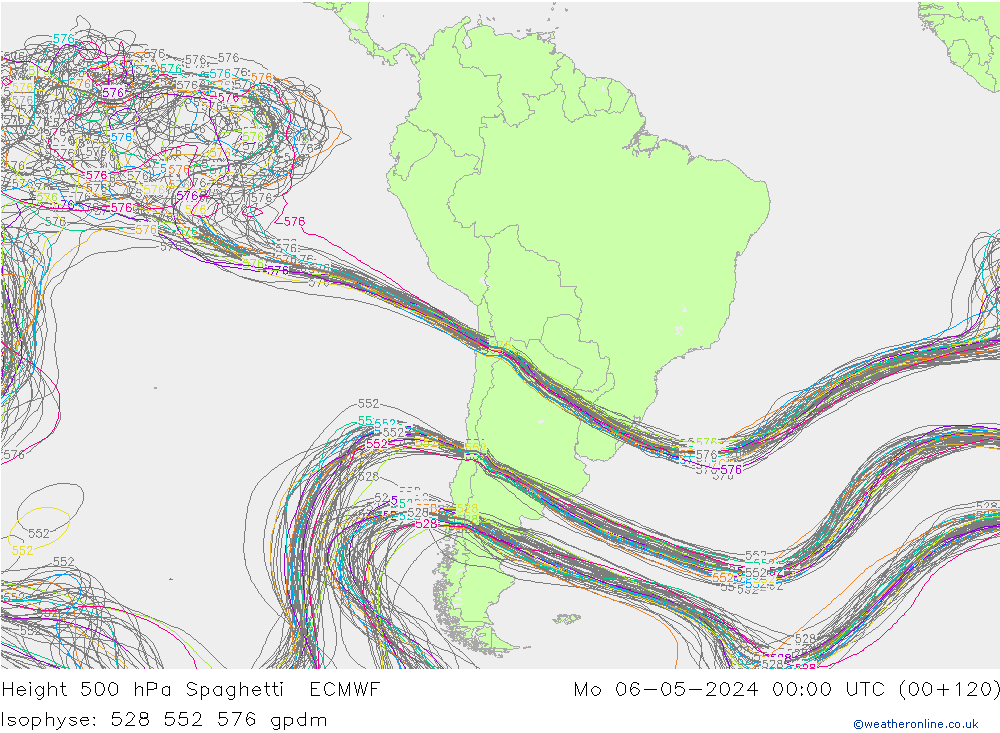 Hoogte 500 hPa Spaghetti ECMWF ma 06.05.2024 00 UTC