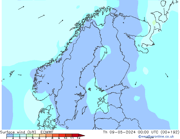 Surface wind (bft) ECMWF Čt 09.05.2024 00 UTC