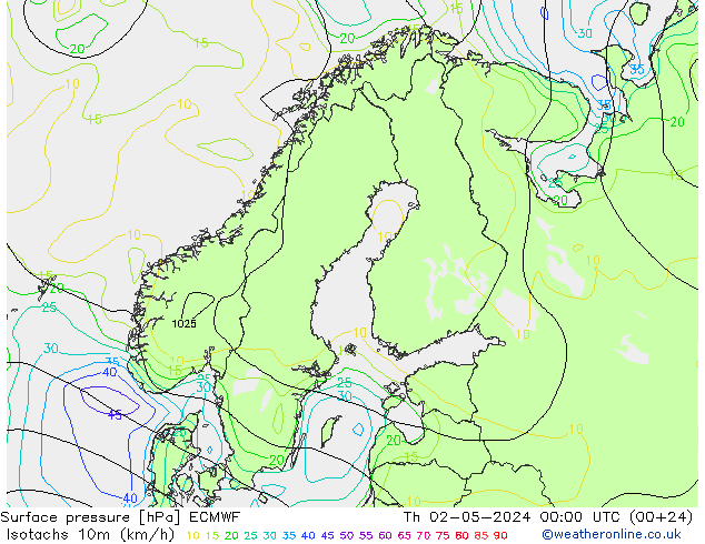 Izotacha (km/godz) ECMWF czw. 02.05.2024 00 UTC