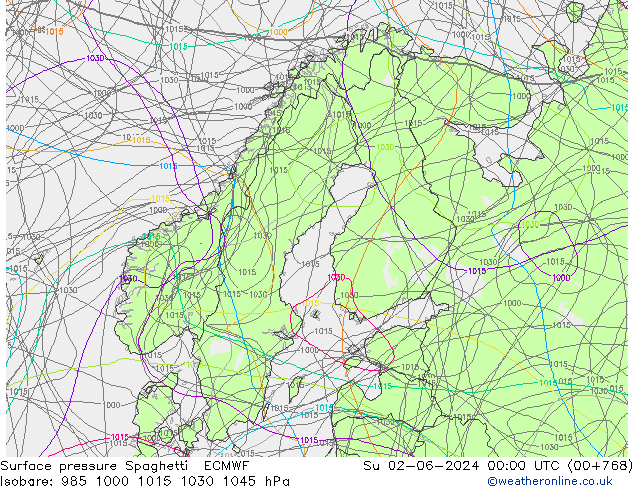 Pressione al suolo Spaghetti ECMWF dom 02.06.2024 00 UTC