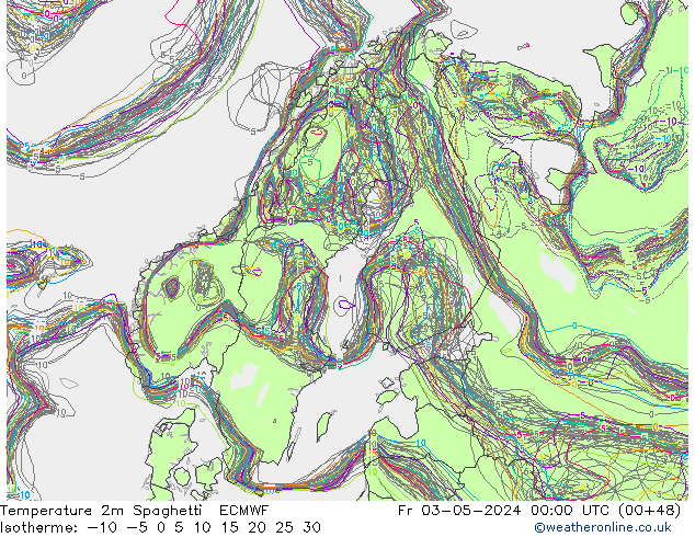 Temperatura 2m Spaghetti ECMWF vie 03.05.2024 00 UTC