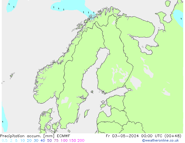 Precipitation accum. ECMWF Pá 03.05.2024 00 UTC