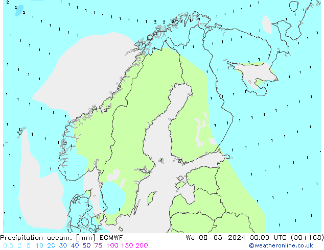 Precipitation accum. ECMWF śro. 08.05.2024 00 UTC