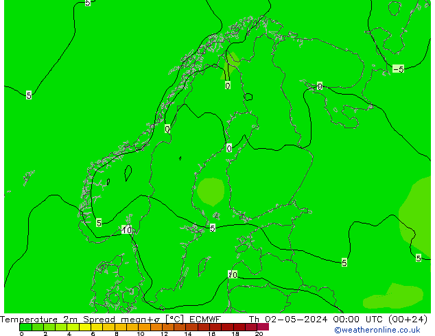 Temperatura 2m Spread ECMWF Qui 02.05.2024 00 UTC