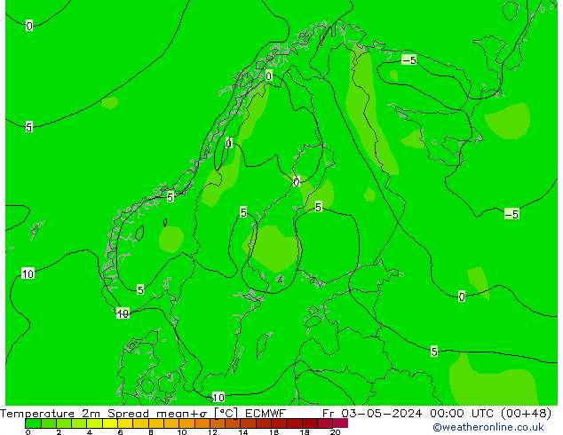 Temperature 2m Spread ECMWF Pá 03.05.2024 00 UTC