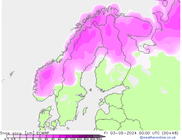 Snow accu. ECMWF Fr 03.05.2024 00 UTC