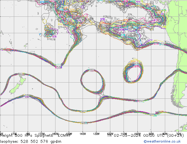 Height 500 hPa Spaghetti ECMWF Čt 02.05.2024 00 UTC