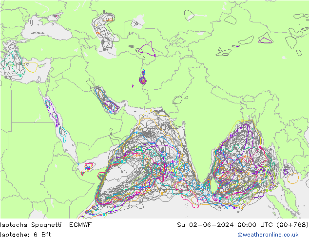 Isotachs Spaghetti ECMWF 星期日 02.06.2024 00 UTC
