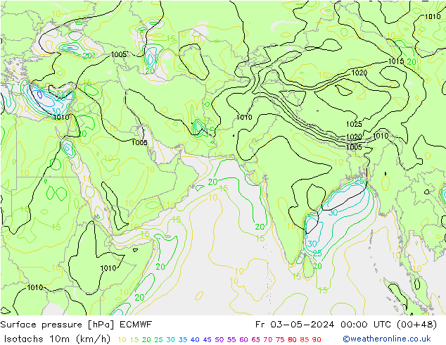 Isotachen (km/h) ECMWF vr 03.05.2024 00 UTC