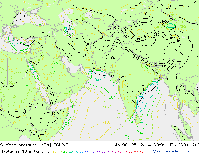Isotachs (kph) ECMWF Po 06.05.2024 00 UTC
