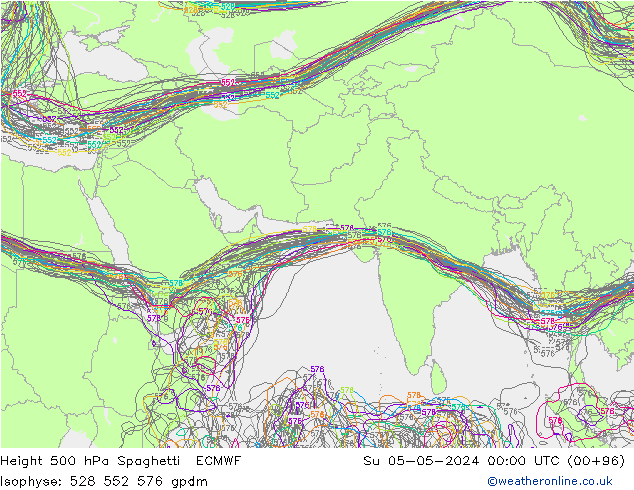 Height 500 гПа Spaghetti ECMWF Вс 05.05.2024 00 UTC