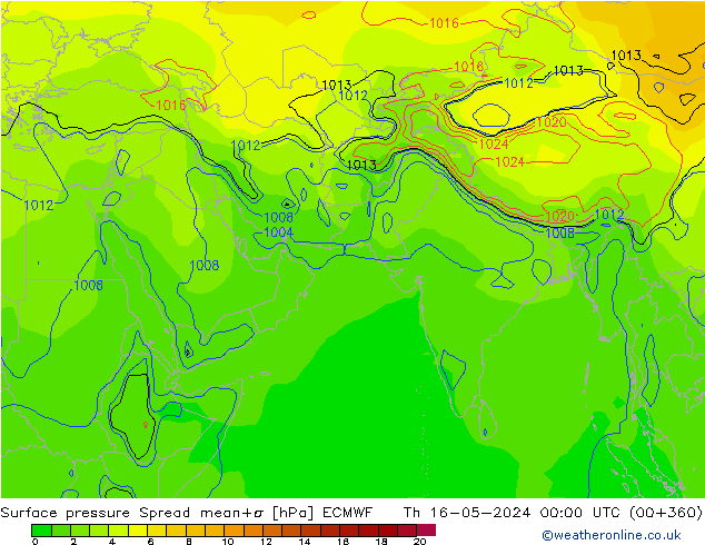 Atmosférický tlak Spread ECMWF Čt 16.05.2024 00 UTC