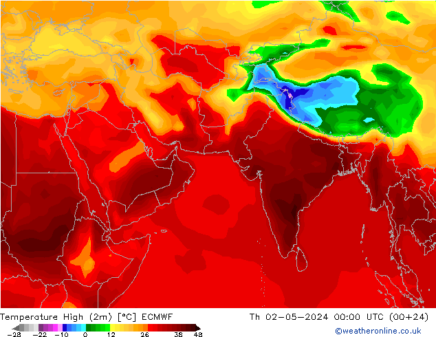 Temperature High (2m) ECMWF 星期四 02.05.2024 00 UTC
