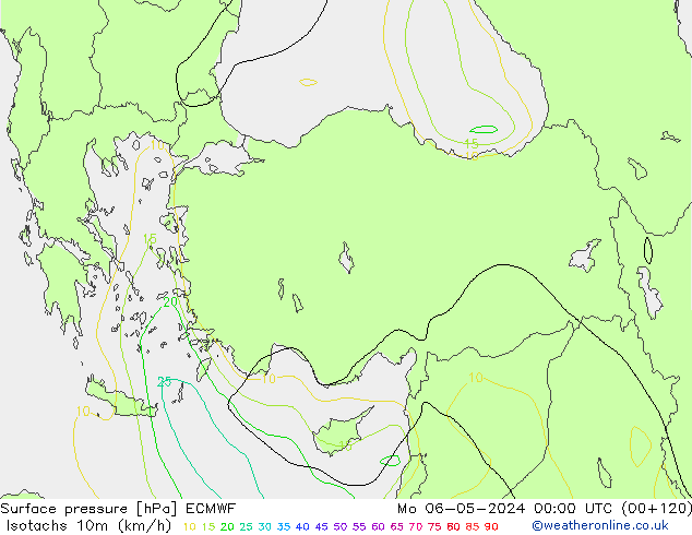 Izotacha (km/godz) ECMWF pon. 06.05.2024 00 UTC
