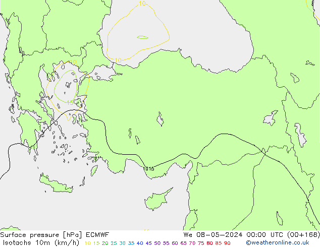 Isotachs (kph) ECMWF mer 08.05.2024 00 UTC