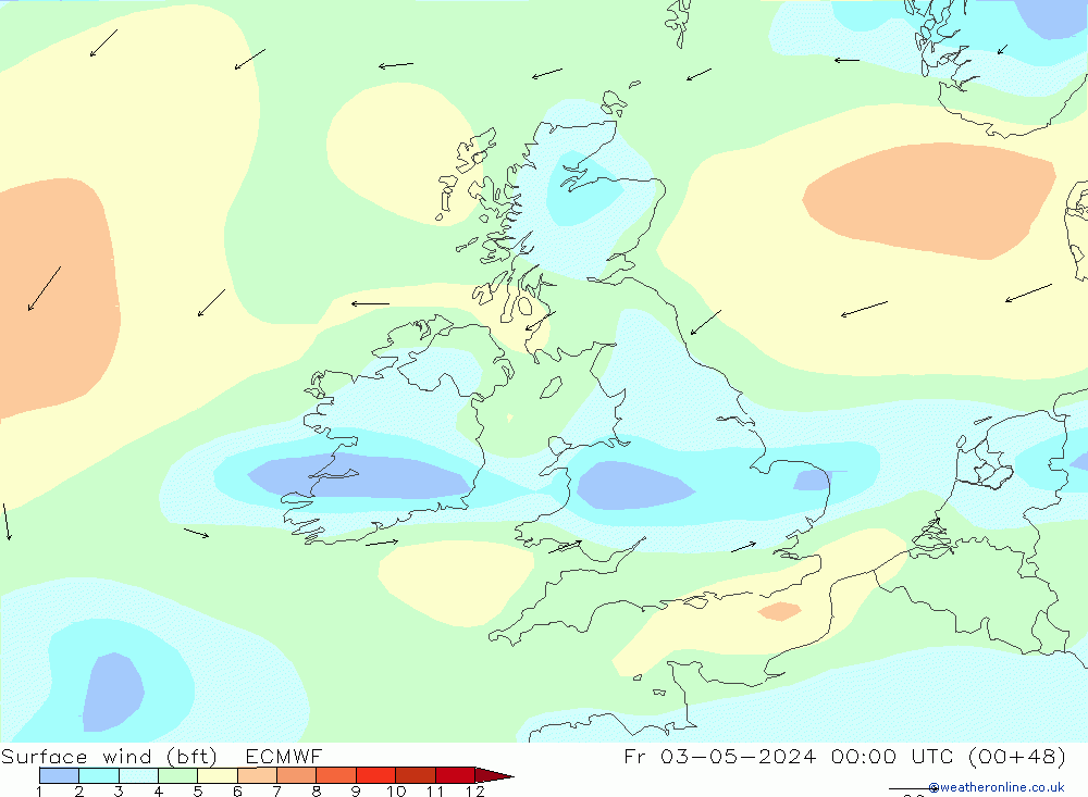 Surface wind (bft) ECMWF Fr 03.05.2024 00 UTC