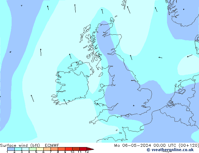 Rüzgar 10 m (bft) ECMWF Pzt 06.05.2024 00 UTC