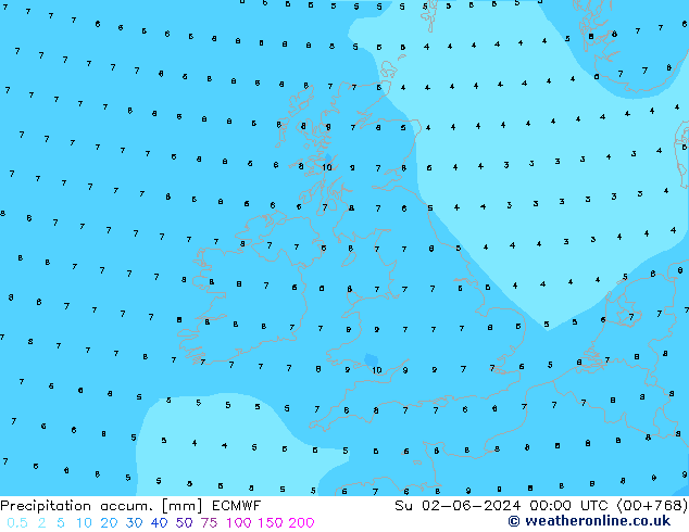 Precipitation accum. ECMWF Dom 02.06.2024 00 UTC