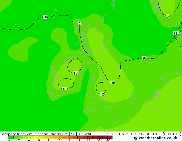 Temperature 2m Spread ECMWF Čt 09.05.2024 00 UTC