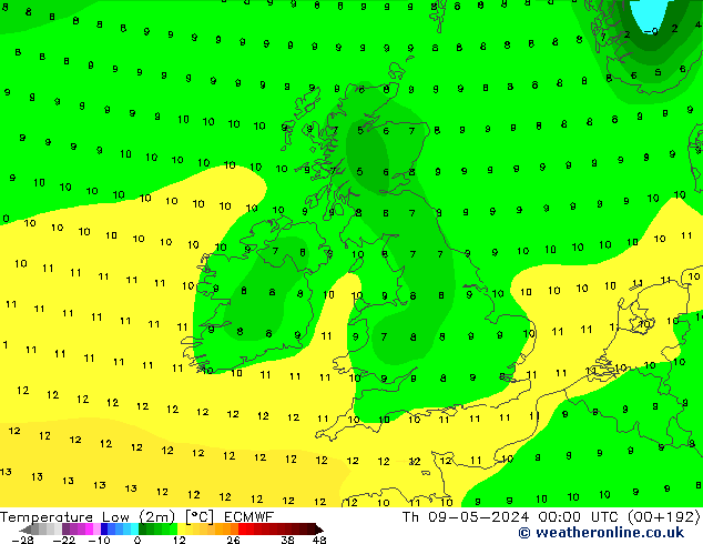 Temperatura mín. (2m) ECMWF jue 09.05.2024 00 UTC