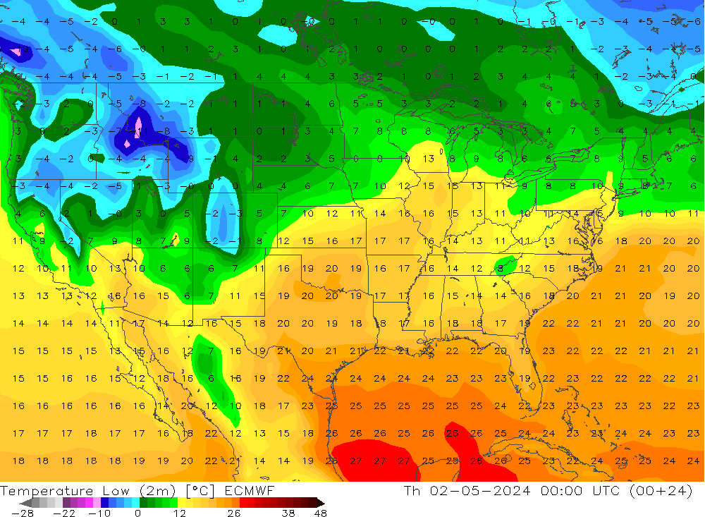 Min.temperatuur (2m) ECMWF do 02.05.2024 00 UTC