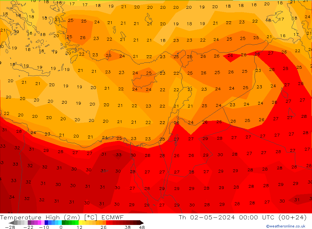 Max.temperatuur (2m) ECMWF do 02.05.2024 00 UTC