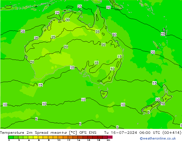 Temperatuurkaart Spread GFS ENS di 16.07.2024 06 UTC